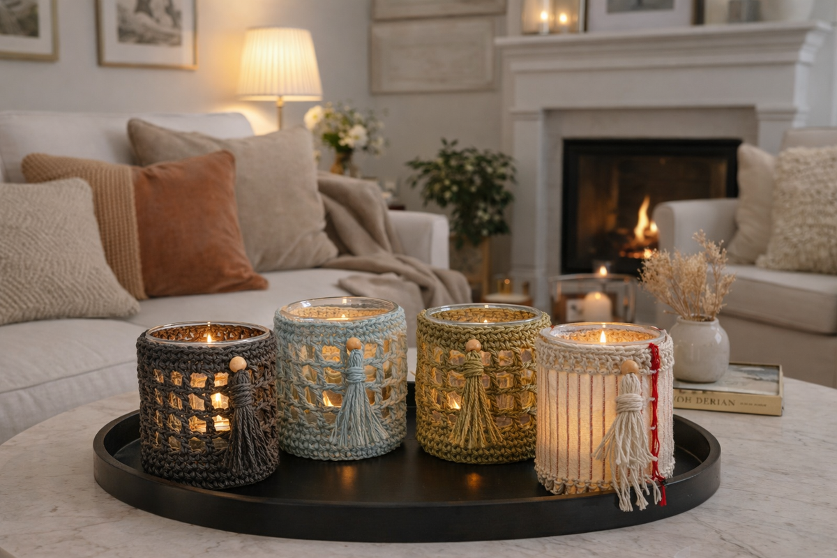 Glass Candle Holder with Handmade Crochet Sleeve