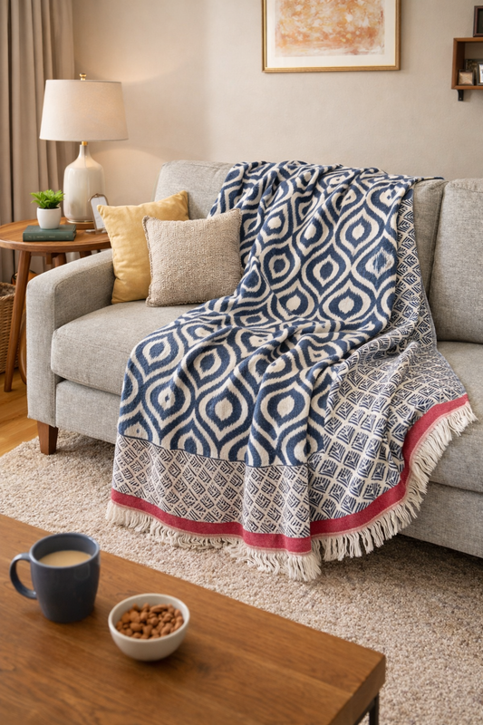 Blue Ikat Cotton Blanket/ Throw
