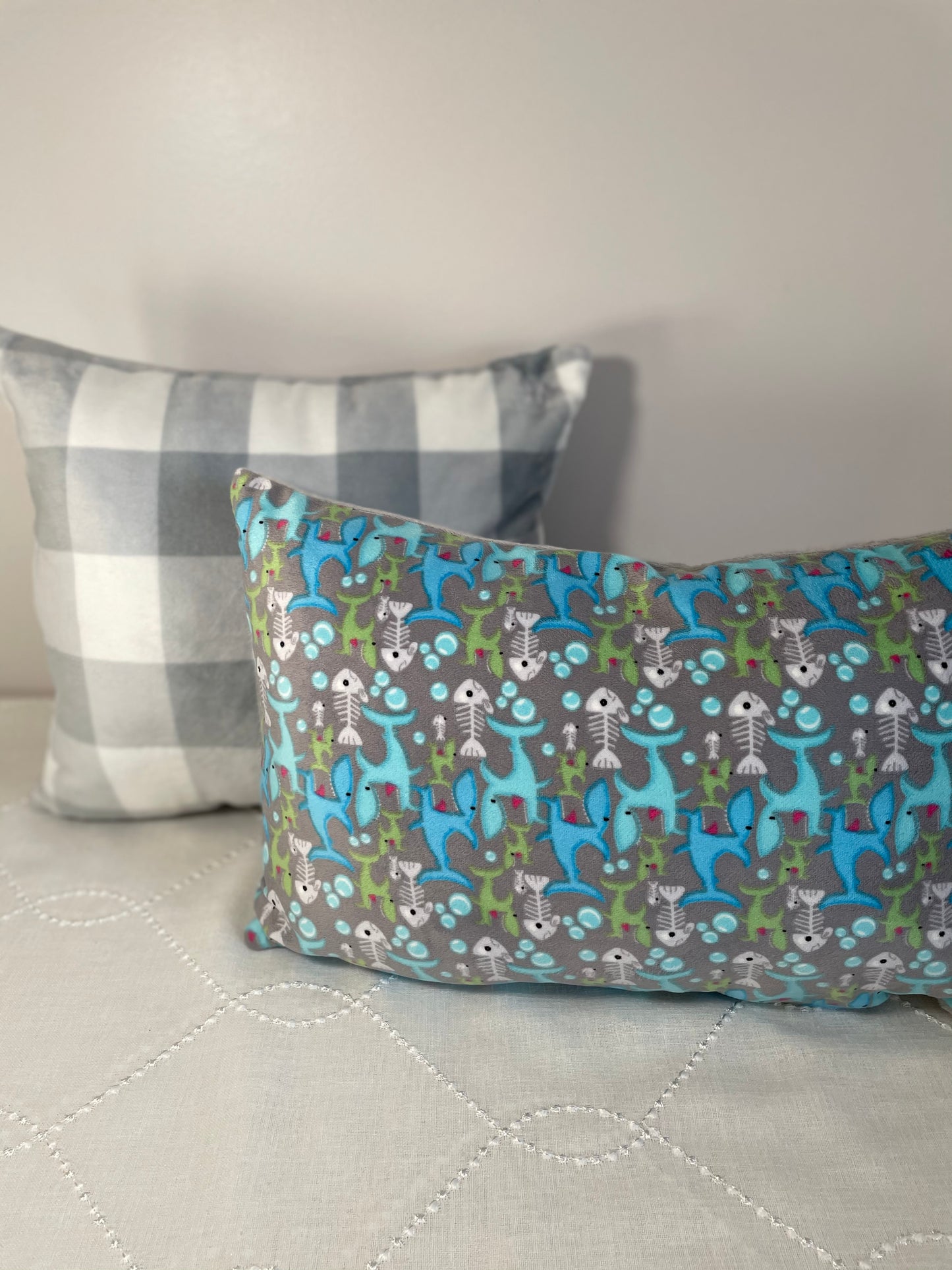 White and grey gingham pillow