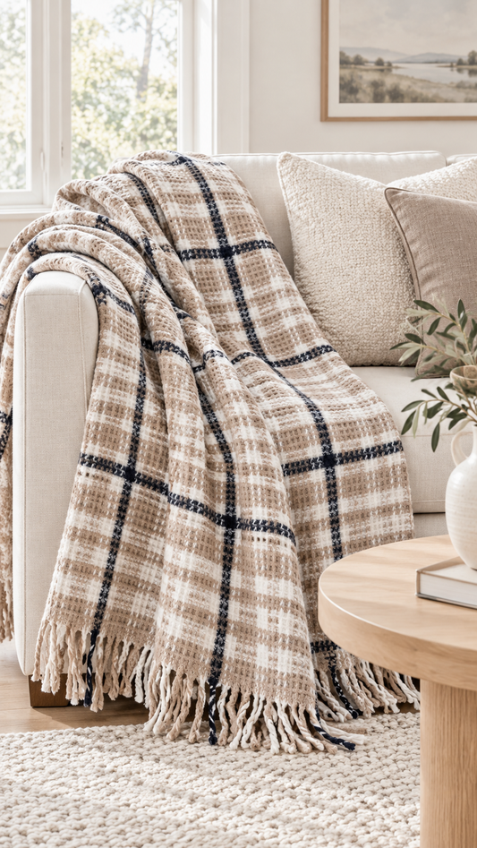 Cotton beige plaid blanket