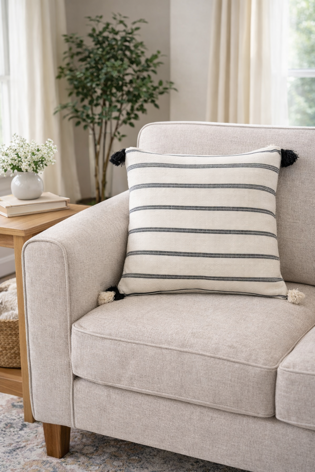 Black and White Lines Throw Pillow with Tassels