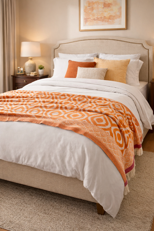 Orange Ikat Cotton Blanket/ Throw