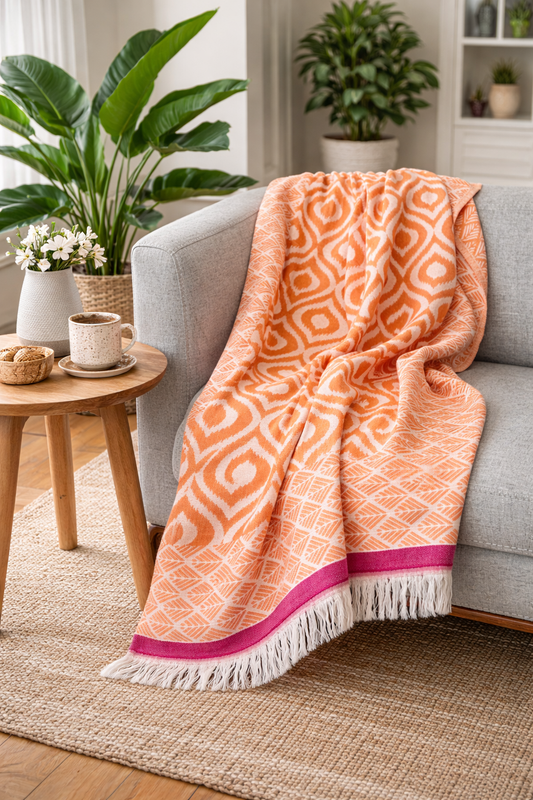 Orange Ikat Cotton Blanket/ Throw