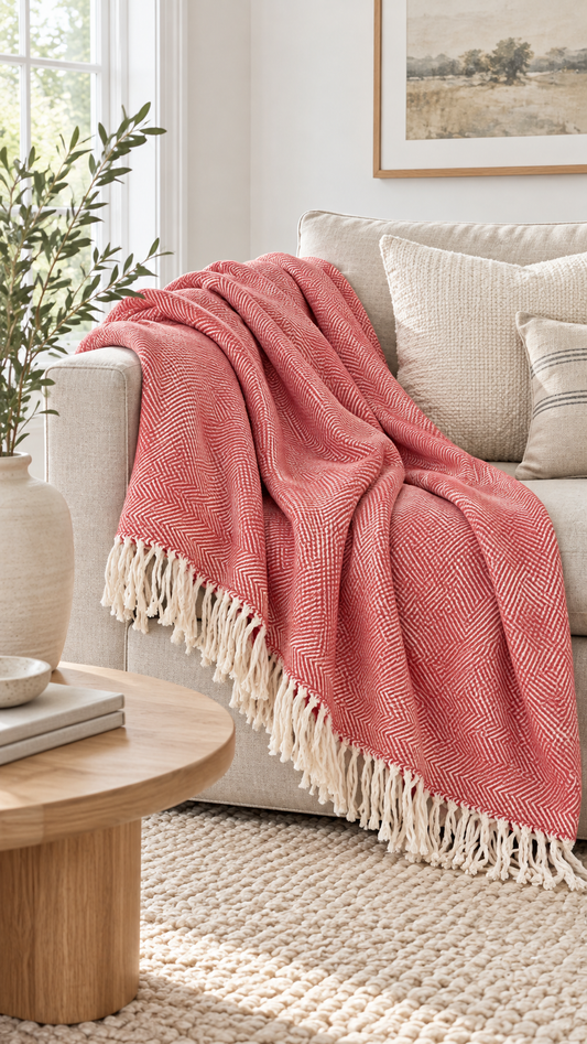 Wool blend red herringbone throw blanket