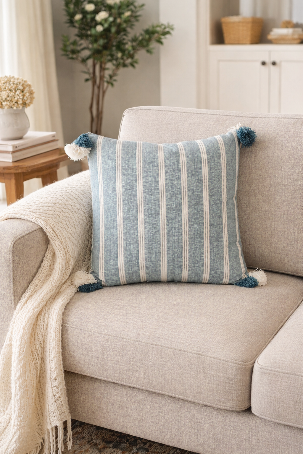 Turquoise with White Lines Throw Pillow with Tassels