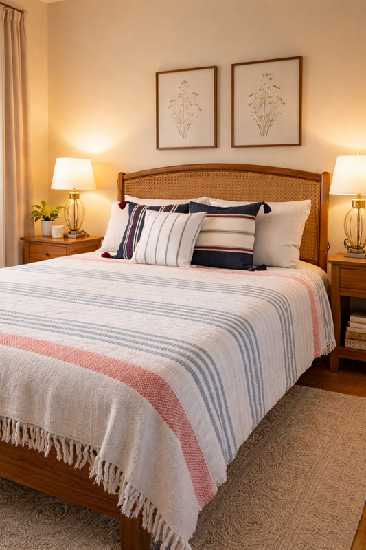 Cotton Bed Spread - Green and orange stripes