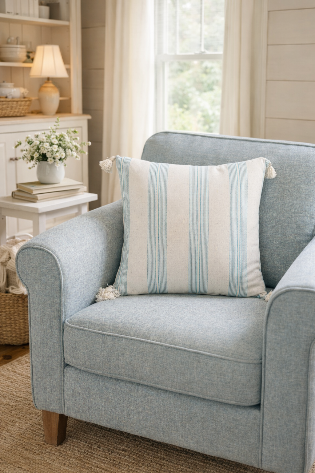 Off White with Turquoise Lines Throw Pillow with Tassels