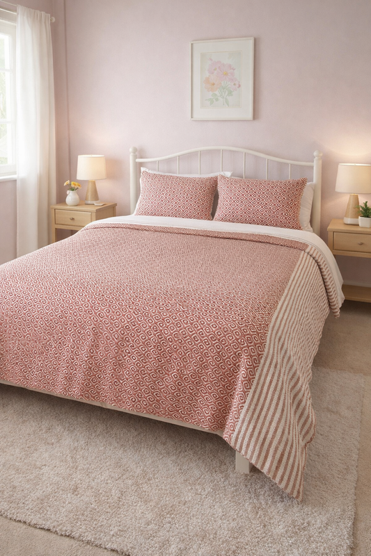 Red and Beige Geometric Pattern Cotton Bed Spread/Throw