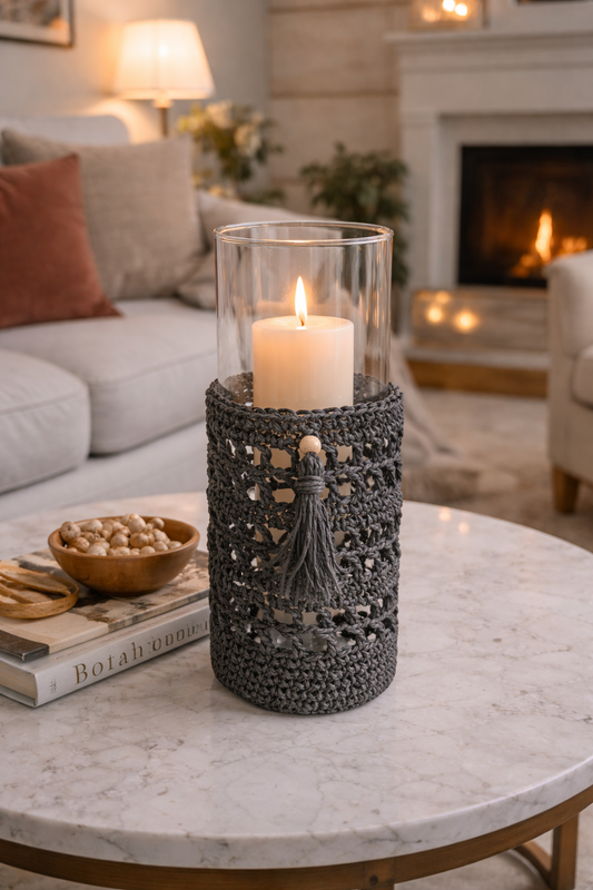 Tall Glass Candle Holder with Handmade Crochet Sleeve