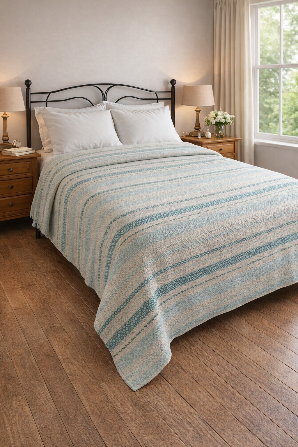 Cotton Bed Spread - Green and Aqua Stripes