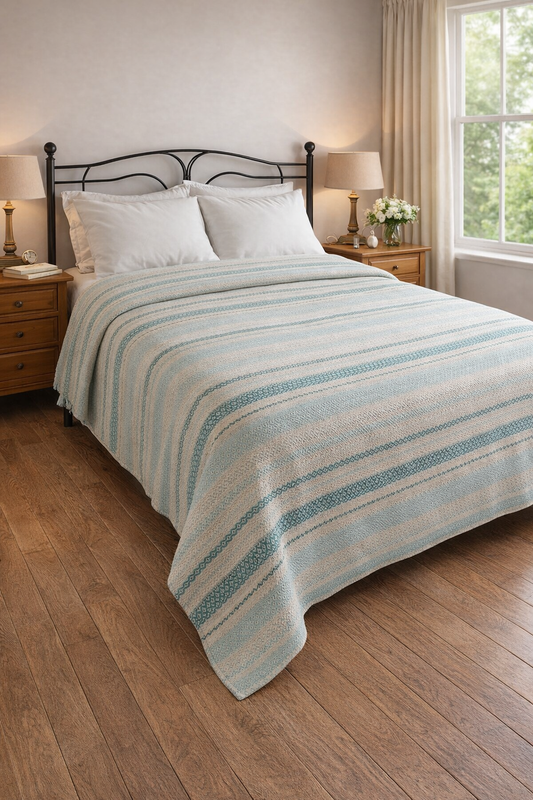 Cotton Bed Spread - Green and Aqua Stripes
