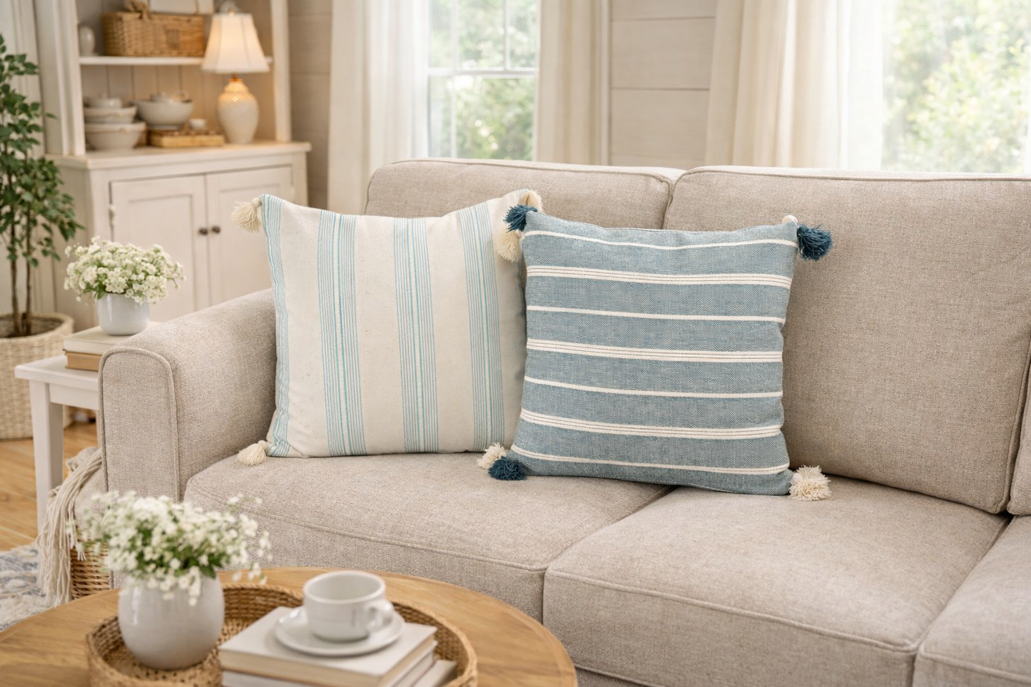 Turquoise with White Lines Throw Pillow with Tassels