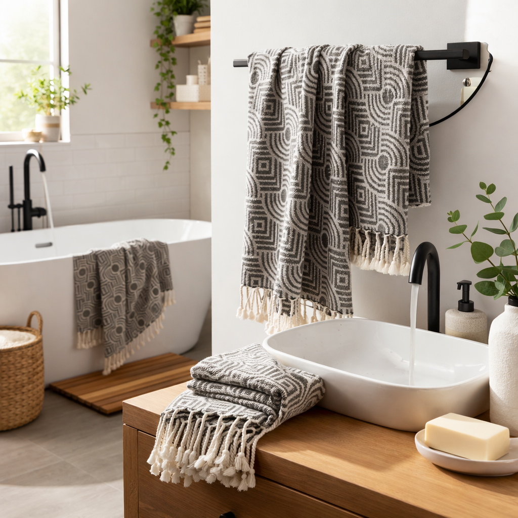 Black and White Geometric Pattern  Bath Towel