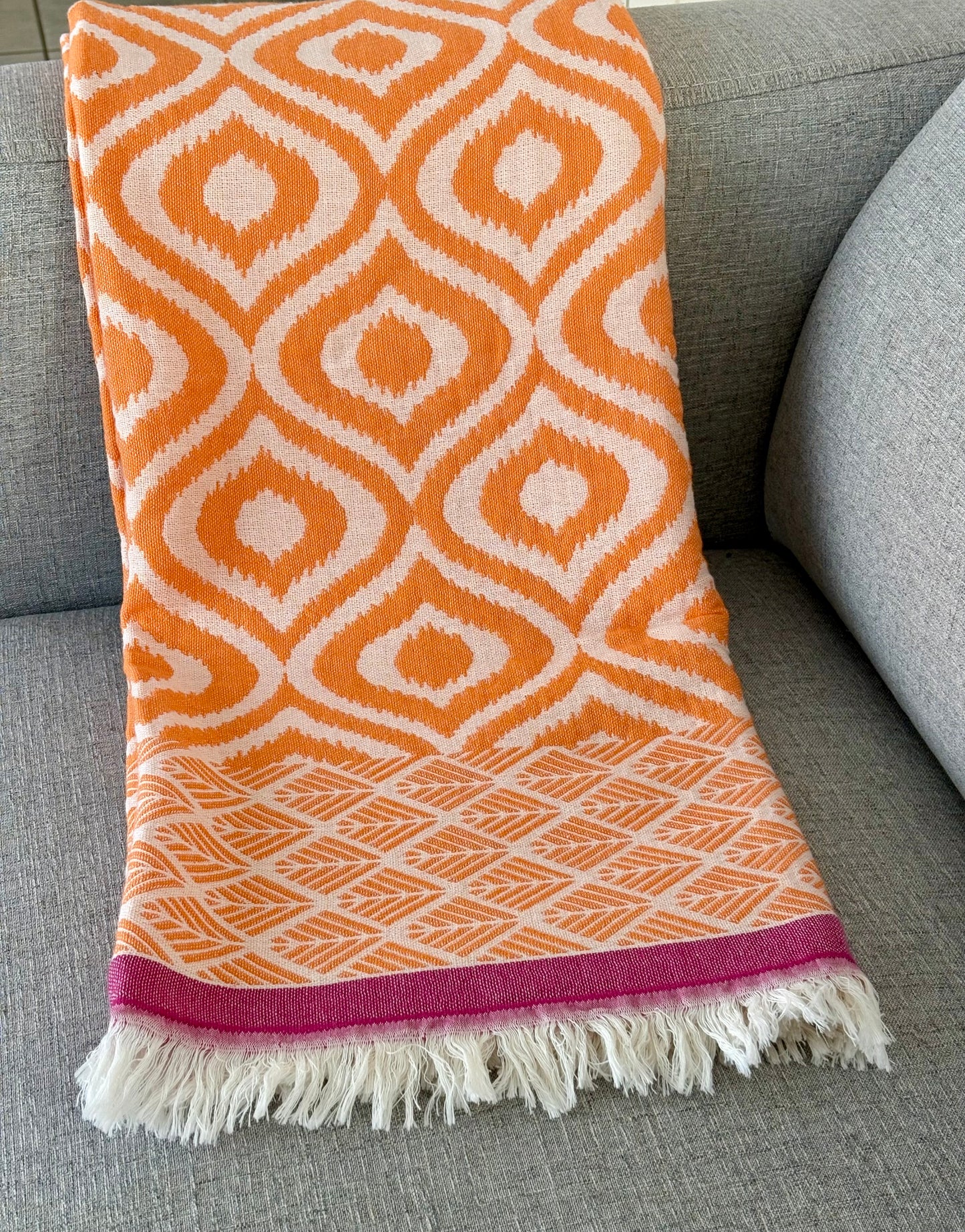 Orange Ikat Cotton Blanket/ Throw