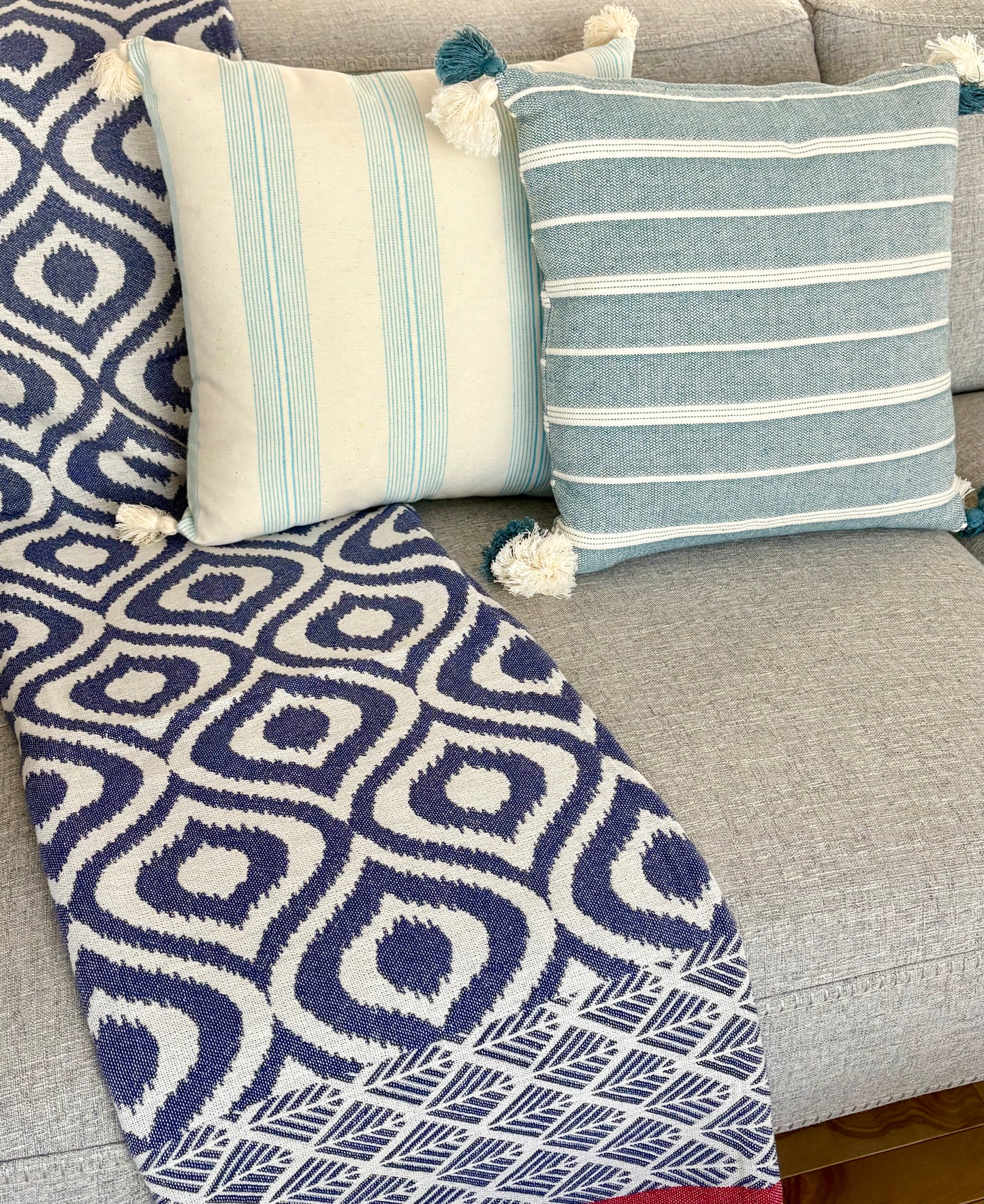 Off White with Turquoise Lines Throw Pillow with Tassels