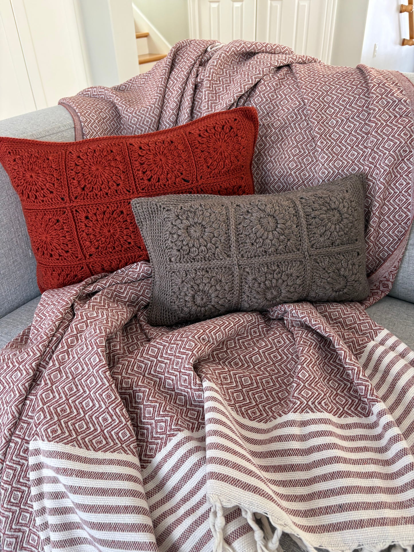 Red and Beige Geometric Pattern Cotton Bed Spread/Throw