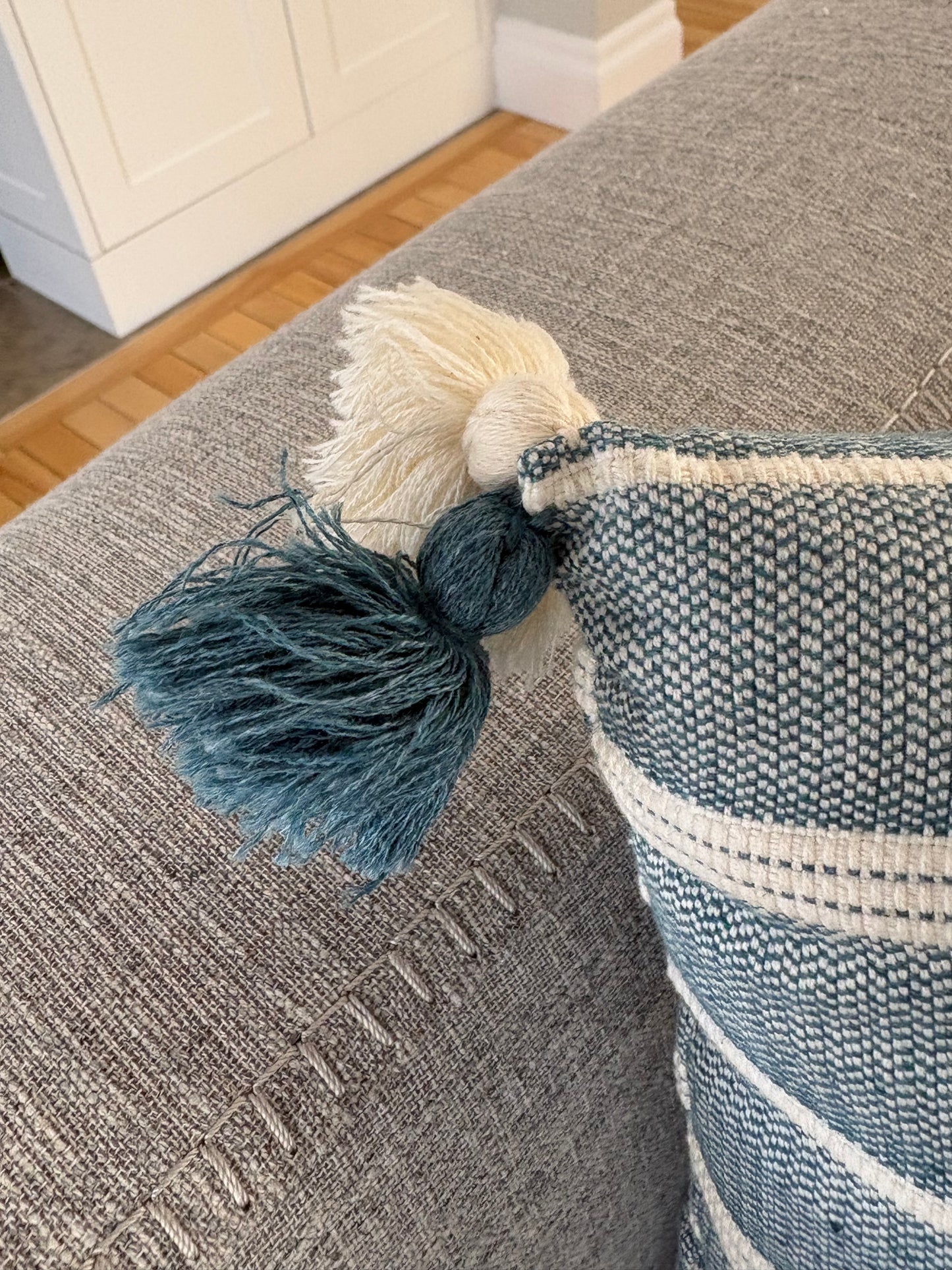 Turquoise with White Lines Throw Pillow with Tassels