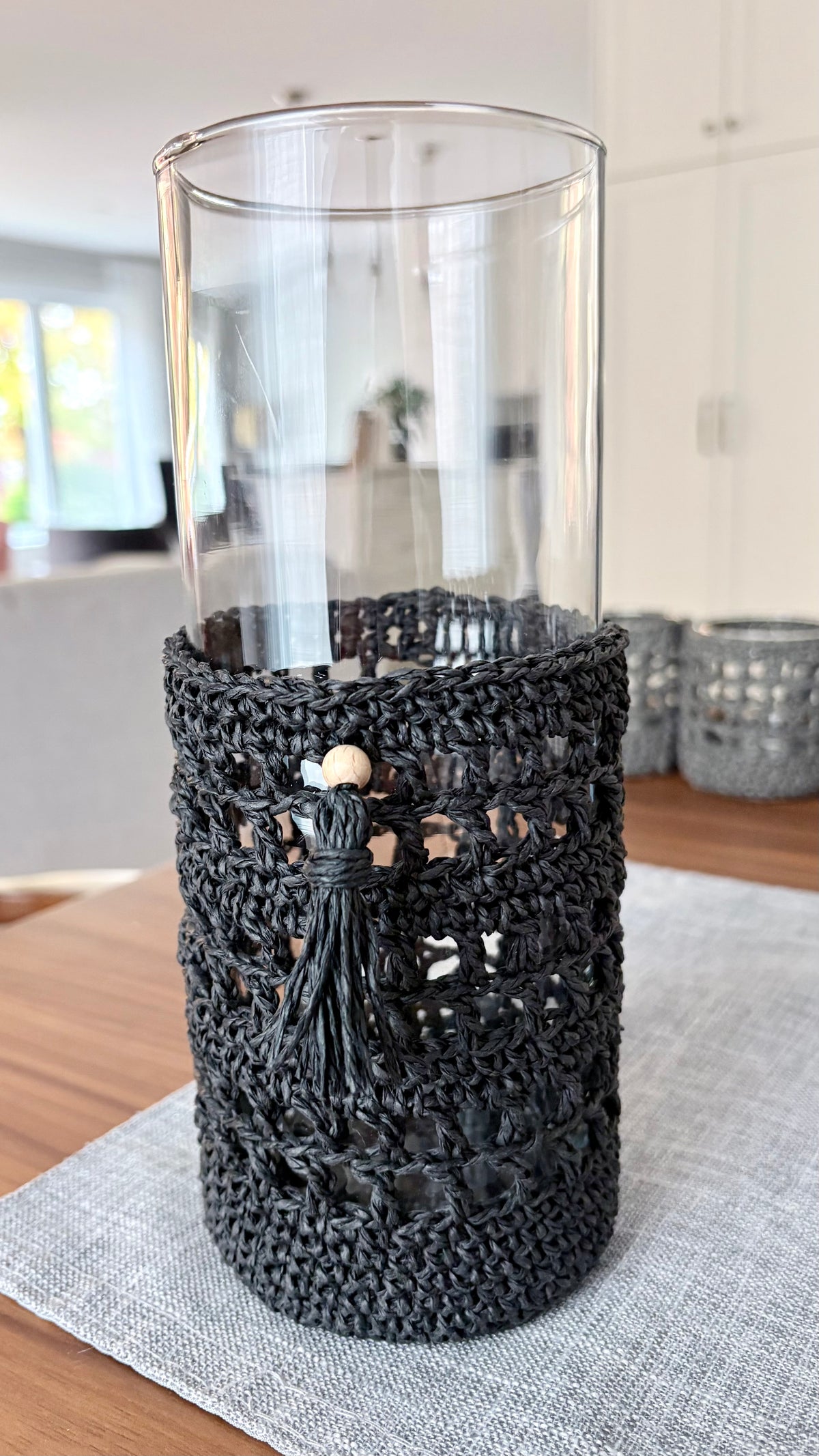 Tall Glass Candle Holder with Handmade Crochet Sleeve