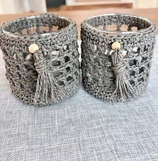 Glass Candle Holder with Handmade Crochet Sleeve