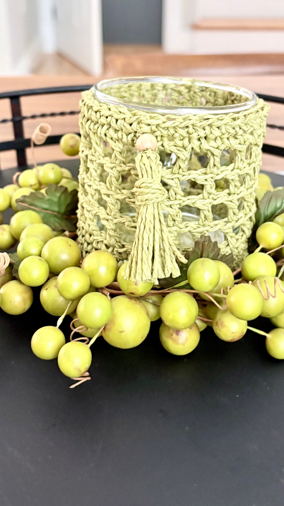 Glass Candle Holder with Handmade Crochet Sleeve