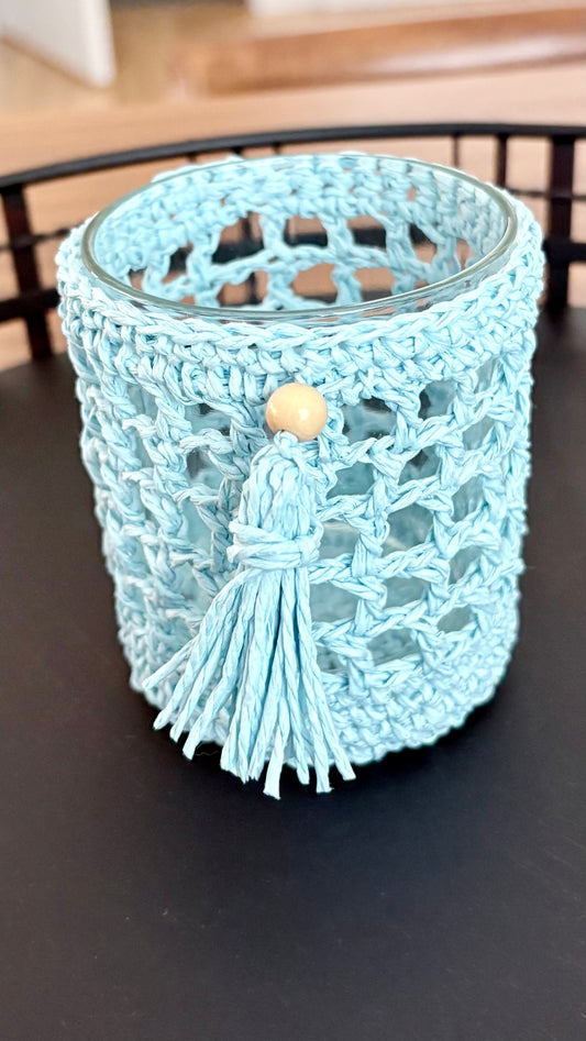 Glass Candle Holder with Handmade Crochet Sleeve
