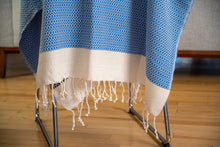 Load image into Gallery viewer, Blue Diamond Pattern Turkish Bath towel (Peshtemal)
