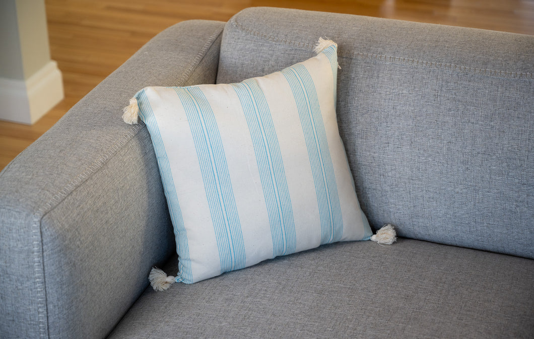 Off White with Turquoise Lines Throw Pillow with Tassels