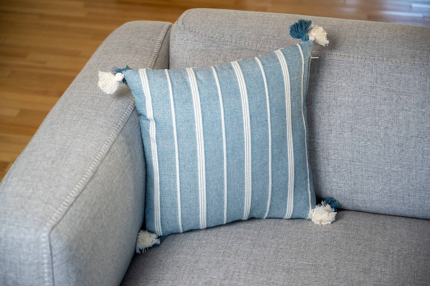 Turquoise with White Lines Throw Pillow with Tassels