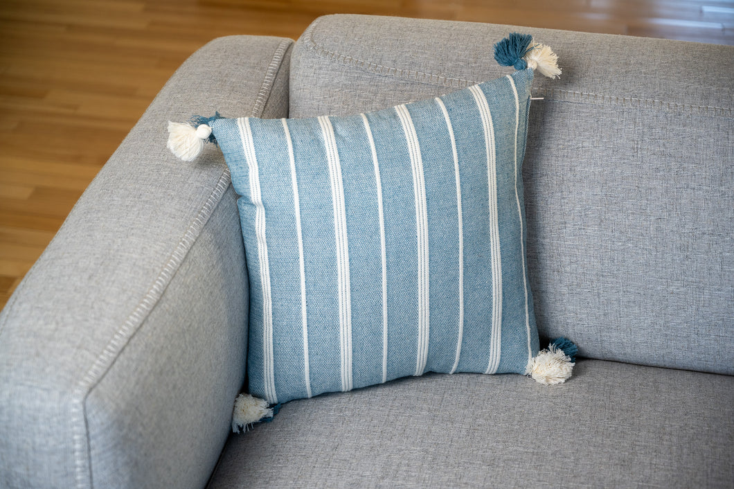 Turquoise with White Lines Throw Pillow with Tassels